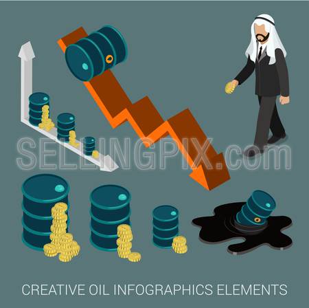 Oil price drop concept infographic elements flat 3d web isometric vector. Arabic sheikh businessman black oil petroleum slick hand sunken barrel graph data graphic coin money.