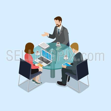 Business negotiations concept flat 3d web isometric infographic vector. Group of businessmen and woman round table talk. Creative people collection.