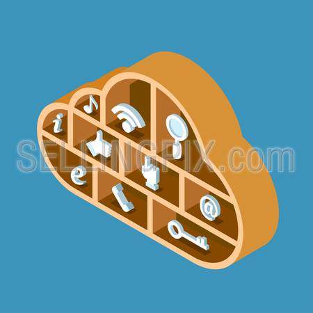 Modern 3d flat design isometric concept for cloud service online media file data backup storage. Cloud shape wooden library shelf with icon set.