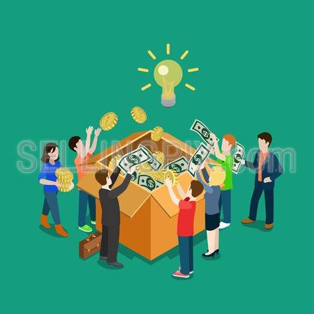 Business idea crowdfunding volunteer concept flat 3d web isometric infographic vector. Group of people putting money to box. Crowd funding process illustration. Creative people collection.