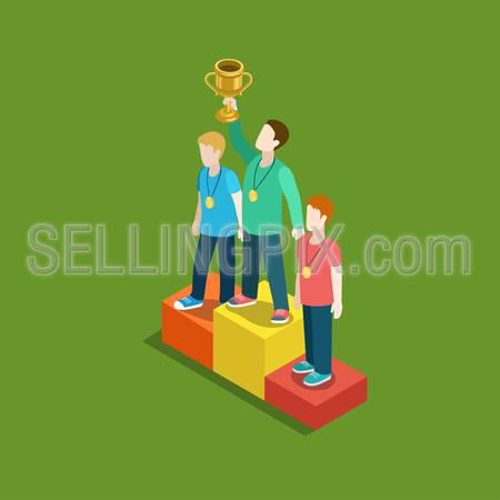 Sports trophy rating award winner concept flat 3d web isometric infographic vector. Three men on place pedestal, first place rising hand with gold cup. Creative people collection.