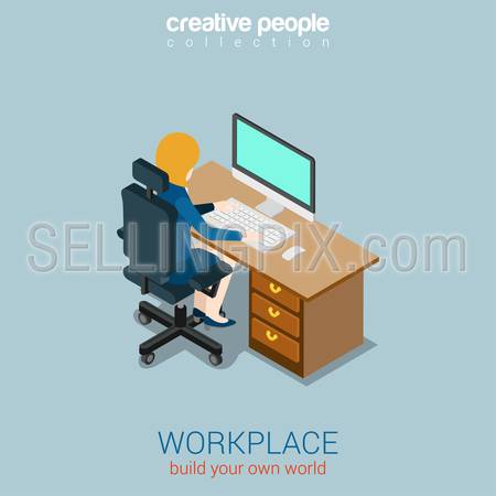Woman operator manager workplace flat 3d web isometric infographic concept vector. Build your own world creative people collection.