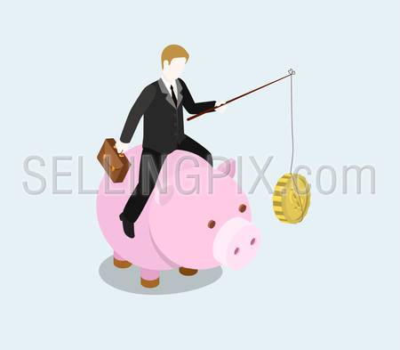 Financial bait flat 3d web isometric infographic concept vector. Businessman riding money bank with fishing rod and coin food to feed. Creative people financial monetary piggy bank savings collection.