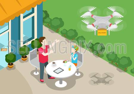 Drone quadcopter delivery online product store concept flat 3d web isometric infographic vector. Family dad and son on terrace welcomes multi copter handling box order. Creative people collection.