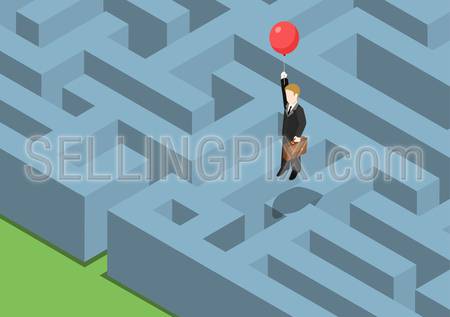 Risk management concept flat 3d web isometric infographic. Labyrinth maze puzzle avoid business problems creative smart solutions. Businessman on balloon flying over obstacles, keep away from crisis.