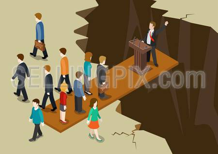 Democracy politics system concept flat 3d web isometric infographic. Politic tribune over abyss, electorate votes sympathique leaves the bord imbalance collapse. Creative government social collection.