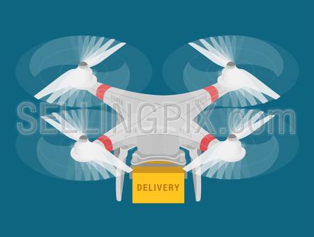 Drone quadcopter delivery concept flat 3d web isometric infographic vector. Multi copter handling box.