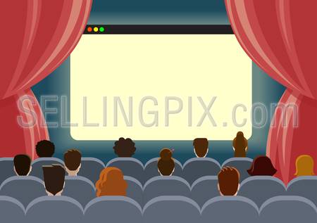 Online cinema watch movie theater empty screen template mockup concept flat web infographic vector. Group people sitting before blank browser window interface. Creative people collection.