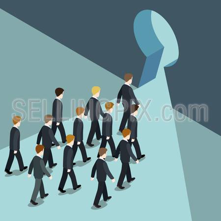 Business movement towards better future solution concept flat 3d web isometric vector. Businessmen goes march to keyhole, way out from trouble problem crisis. Creative people collection.