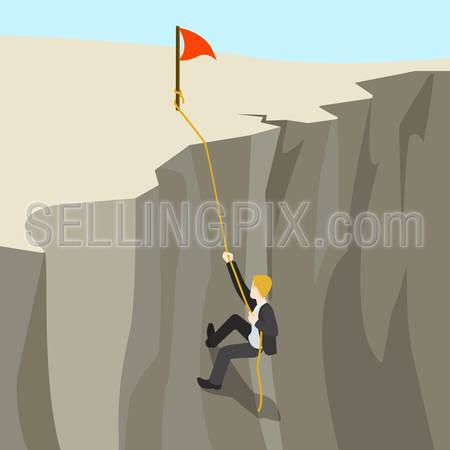 Goal achievement business concept flat 3d web isometric infographic vector. Businessman climbs on rope from abyss to the top new horizon. Creative people collection.