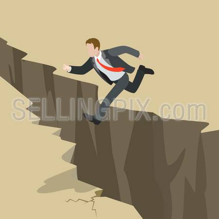 Avoid business problem trouble overcome obstacle crisis risk concept flat 3d web isometric infographic vector. Businessman jump over earth ground crack rift. Creative people collection.