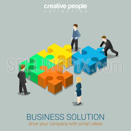 Business solution smart idea concept flat 3d web isometric infographic vector. Four businessmen solving pushing pieces of puzzle. Creative people collection.