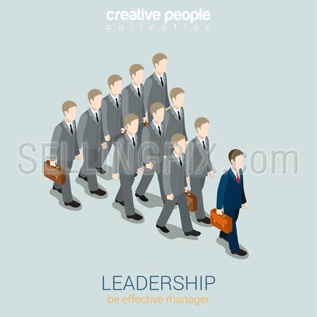Leadership business concept flat 3d web isometric infographic vector. Dark blue businessman lead gray colleagues. Creative people collection.