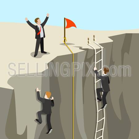 Challenge carrier goal achievement business concept flat 3d web isometric infographic vector. Businessmen competition climb from abyss to top new horizon. Creative people collection.