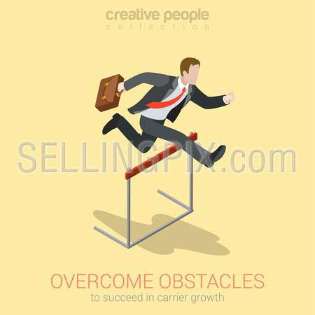 Overcome obstacle crisis risk avoid business problem trouble concept flat 3d web isometric infographic vector. Businessman jump over earth ground crack rift. Creative people collection.
