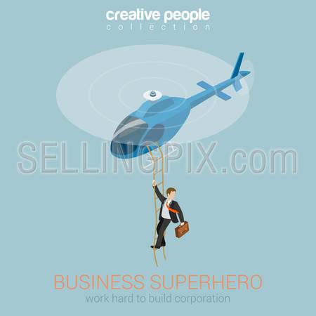 Businessman superhero on helicopter concept flat 3d web isometric infographic vector. Success and leadership, hard work and reward, security service super agent. Creative people collection.