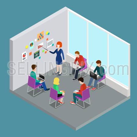 Business training education coaching trainer class flat 3d web isometric infographic concept vector. Office meeting room report business collaboration teamwork brainstorming. Creative people collection.