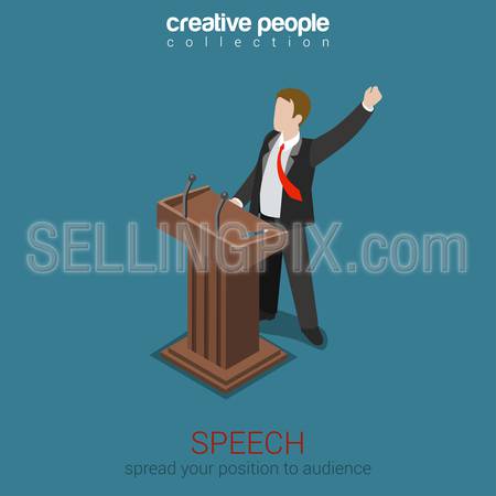 Tribune speech business politics concept flat 3d web isometric infographic vector. Emotional report presentation to audience voter electorate. Creative people collection.