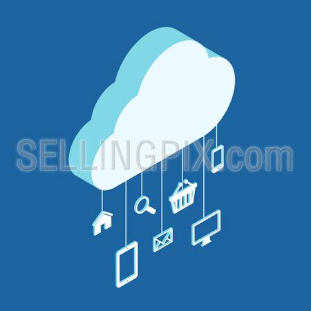 Modern 3d flat design isometric concept for cloud service hosting online media file data backup storage shopping search mail. Cloud shape and icon set on threads.