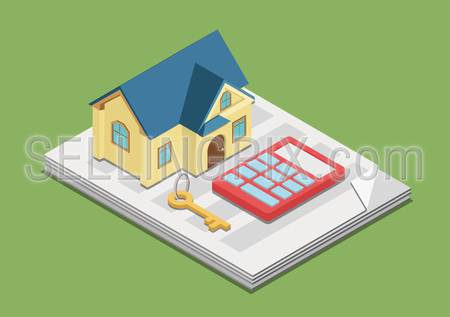 Real estate costs expenses value rent price concept flat 3d web isometric infographic vector. House key calculator on paper advertisement. Creative people collection.
