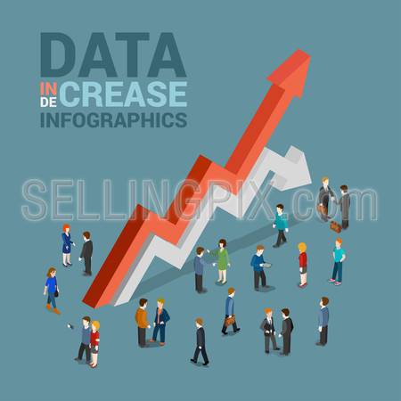 Data increase decrease infographics template concept flat 3d web isometric vector. Businessman and huge red growth white drop line arrows. Creative people collection. Build your infographic.