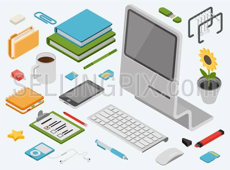 Flat 3d isometric computer technology workspace infographic concept vector icon set. All in one desktop PC, smart phone, books, folder, memory card, address book, music player, flower, wireless mouse.