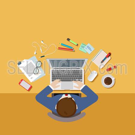 Top view above businessman office desk workplace concept flat 3d web isometric infographic vector icon set. Workspace template mockup. Creative people collection.