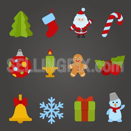 Christmas vector flat design icon set. Happy new year theme collection. Christmas tree, Santa Claus, Candle, Cookie, Bell, Snowflake, Gift, Snowman. – stock vector