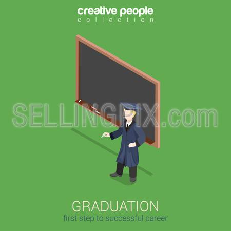 Graduation learning flat 3d web isometric infographic concept vector. Young student stands over empty blank dark blackboard with chalk. Creative people collection.