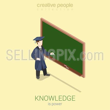 Knowledge gaining university high school graduation flat 3d web isometric infographic concept vector. Young student stands over empty blank dark blackboard with chalk. Creative people collection.