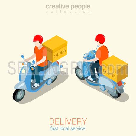 Scooter delivery man flat 3d web isometric infographic concept vector template mockup. Creative people collection.