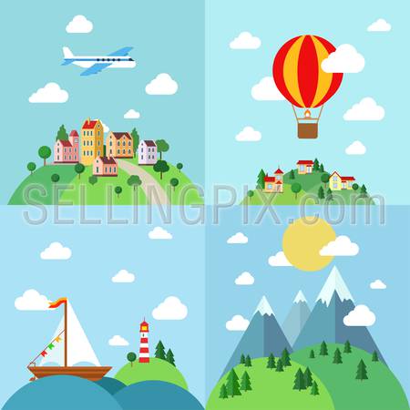 Set of flat outdoor vacation landscapes template. Travel by air plane, balloon, sail boat yacht, mountain hiking. Creative vector landscape collection.