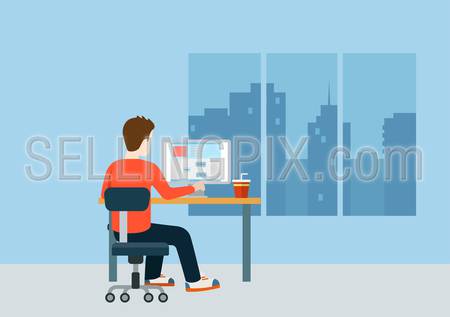 Web designer programmer coder on workplace over modern city blank background template mockup concept flat 3d web isometric infographic vector. Creative people collection.