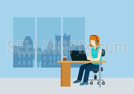 Female web designer programmer coder support call center at workplace over modern city blank background template mockup concept flat 3d web isometric infographic vector. Creative people collection.