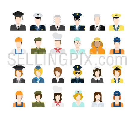Set of people workers in uniform icons in flat style with faces. Vector men and women character. Template concept collection of web profile avatar. Policeman fireman taxi driver stewardess soldier etc