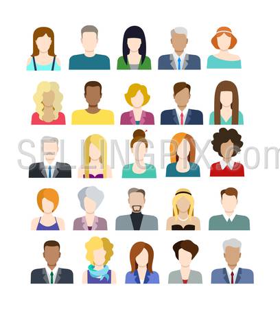 Set of casual stylish fashionable people icons in flat style with faces. Vector men and women character. Template concept collection for web profile avatar.