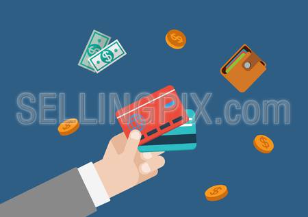 Credit card finance money payment flat vector web concept template illustration. Businessman hand holding bank cards, coins, wallet and bank notes. Monetary conceptual collection.