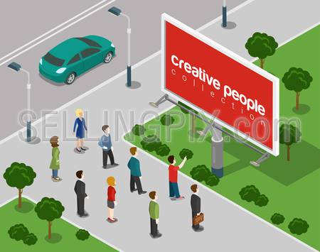 Big board in the city flat 3d web isometric infographic concept vector. Empty background advertising copyspace, place your ads, product, logo. Creative people collection.