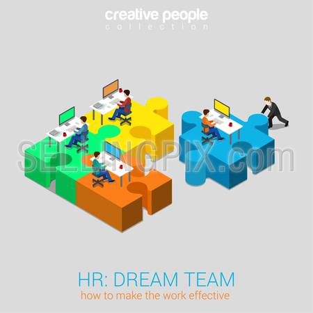 HR human relations dream team solution flat 3d web isometric infographic concept vector. Businessman pushing puzzle piece with company newbie workplace to the team. Creative people collection.