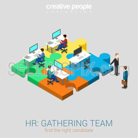 HR human relations gathering team solution flat 3d web isometric infographic concept vector. Businessman welcomes newbie company worker candidate demonstrating workplace. Creative people collection.