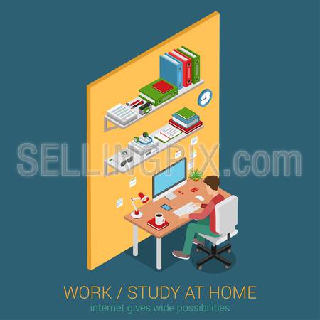 Work and study at home workplace flat 3d web isometric infographic concept vector. Young male student teenager working learning with desktop computer desk table interior. Creative people collection.