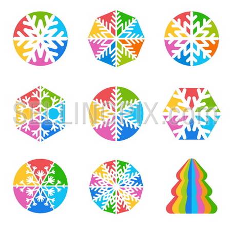 Snowflakes shape colorful vector icon set with multicolored Christmas Tree. Creative design elements for Christmas and New Year. – stock vector