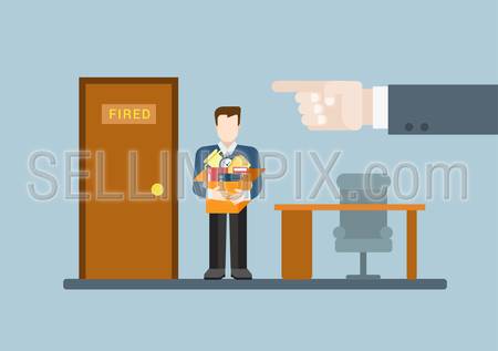 You are fired flat modern trendy stylish concept vector illustration. Big boss hand finger pointing ex-worker to door with fired word plate. HR conceptual collection.
