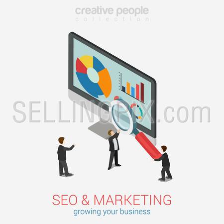 SEO marketing website analytics report flat 3d web isometric infographic concept vector. Micro businesspeople with magnifier glass deeply peer into data on desktop monitor. Creative people collection.