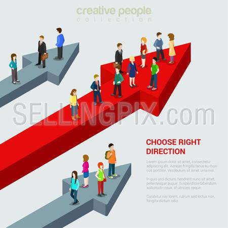 Choose right solution destination alternative flat 3d web isometric micro people infographic concept vector illustration. Three people groups different huge arrow pathways. Creative people collection.