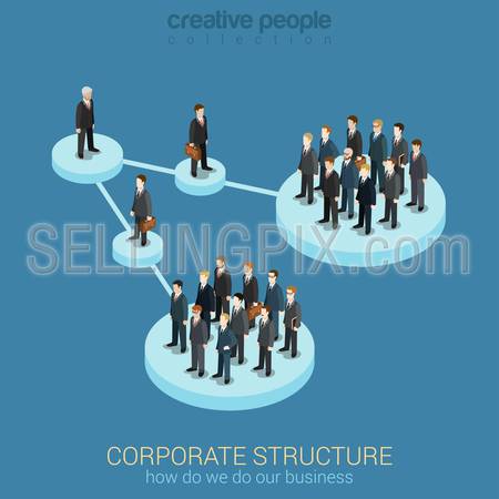Flat 3d isometric infographic concept of company corporate department team diagram structure web concept vector template. Connected platform pedestals groups of business people. Organization chart.