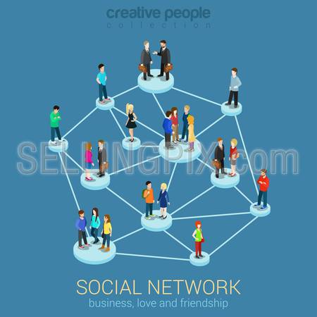 Social network media global people communication information sharing flat 3d web isometric infographic concept vector. Pedestals connection business love friendship. Creative people collection.