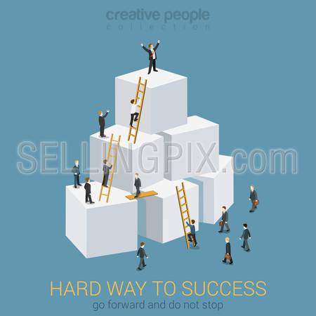 Way to success in business flat 3d web isometric infographic concept vector. Box pyramid with ladders, businesspeople climbing to the top and the winner. Creative people collection.