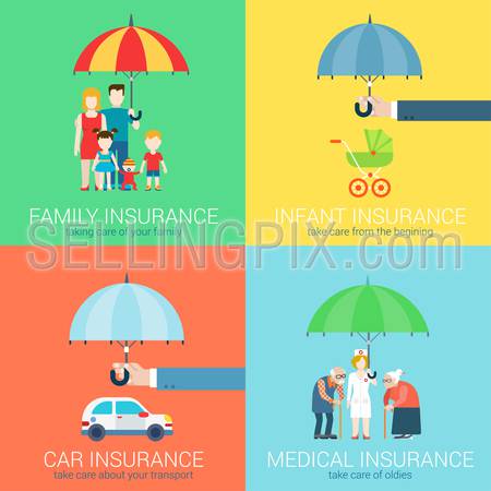 4-in-1 insurance business modern flat set of concept vector illustration icons. Family life, baby infant children, car vehicle transport, health medical oldies senility care policy.