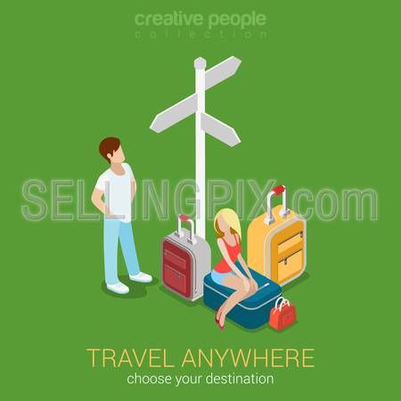 Travel tourism destinations flat 3d web isometric infographic concept vector. Sexy young woman sitting on suitcase and her companion at crossroads and route direction sign. Creative people collection.